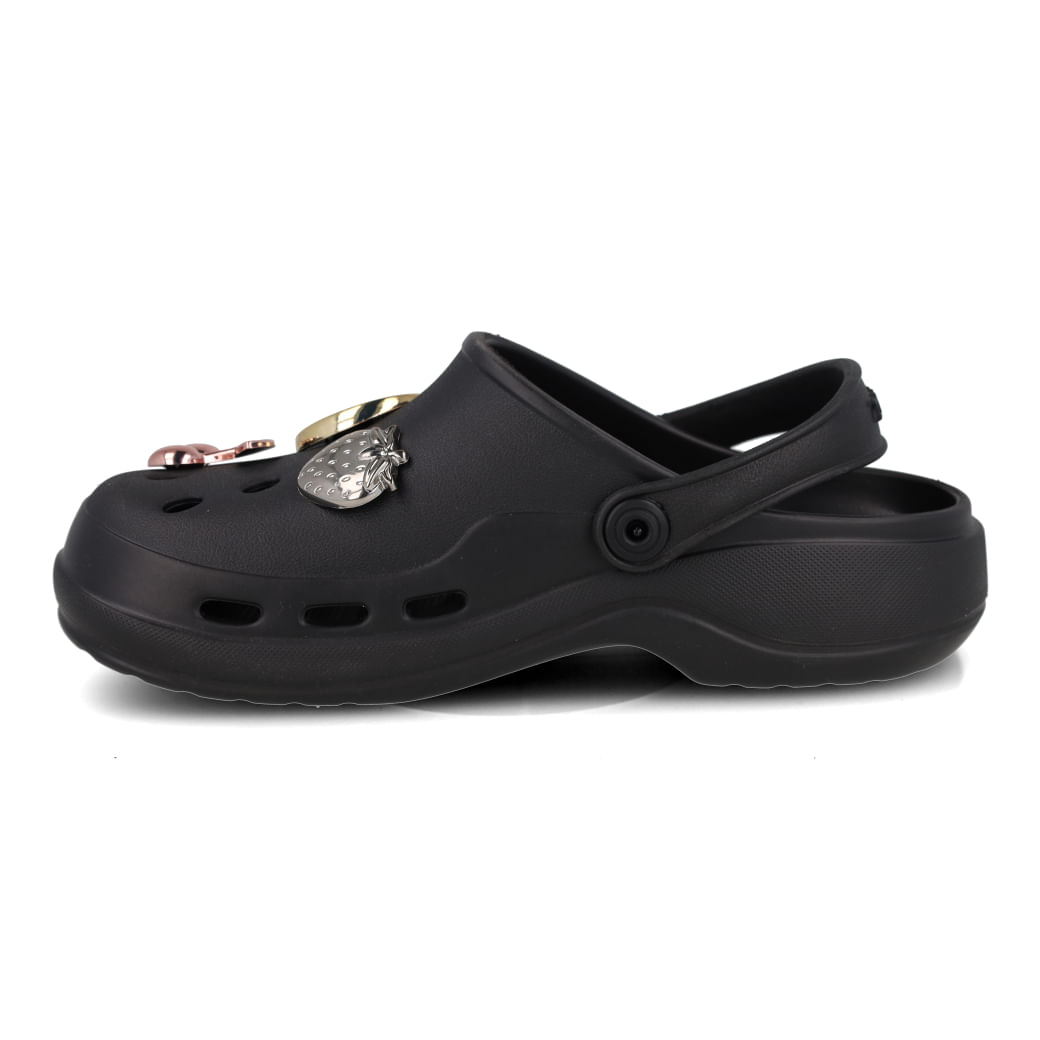 Babuche casual feminino preto vista lateral com detalhes coloridos